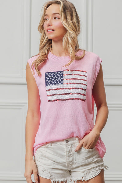 freedom forever american flag sequin patch top | pink