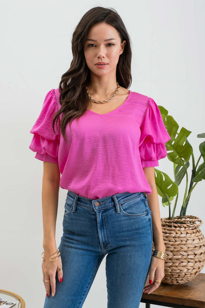 status quo balloon sleeve top | neon pink