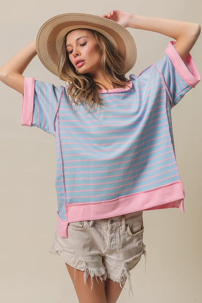 forever that girl stripe french terry top | light blue + blush