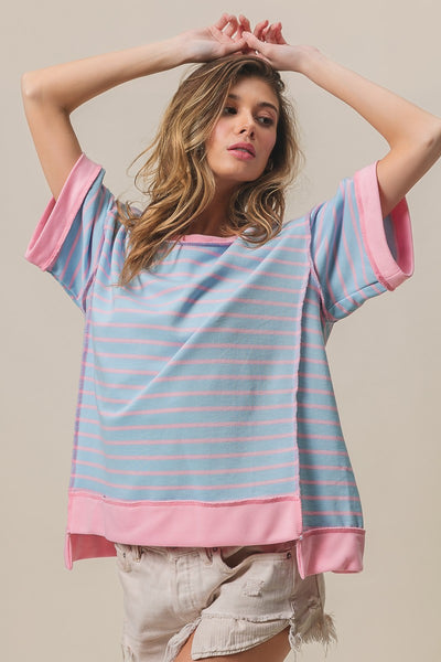 forever that girl stripe french terry top | light blue + blush