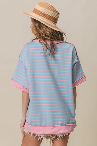 forever that girl stripe french terry top | light blue + blush