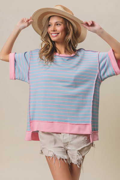forever that girl stripe french terry top | light blue + blush