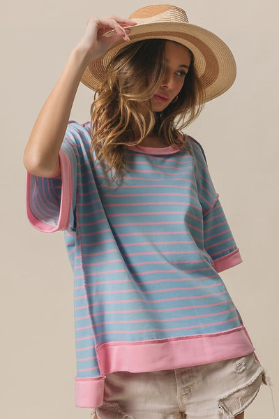 forever that girl stripe french terry top | light blue + blush