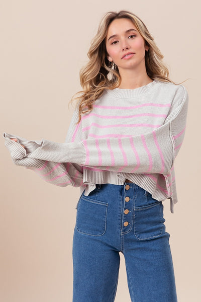 spare my heart striped sweater | grey + pink
