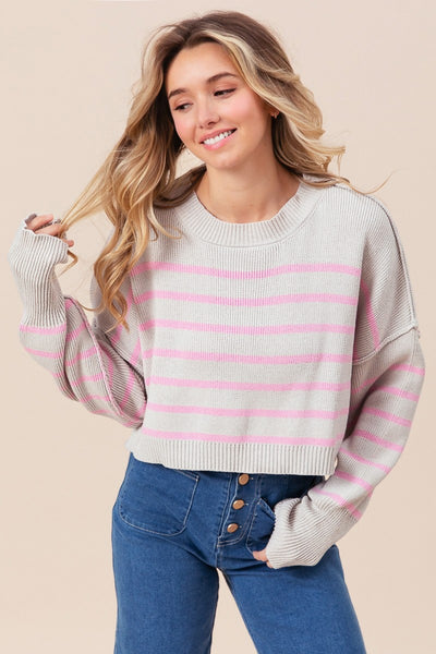 spare my heart striped sweater | grey + pink
