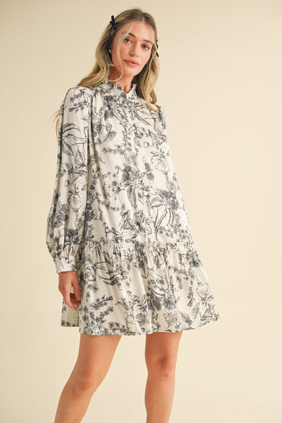 timeless tapestry toile drop waist dress | black + white