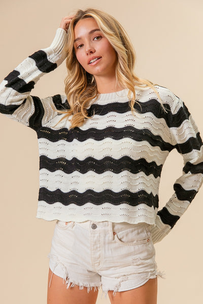 candid approach scalloped hem knit top | black + white