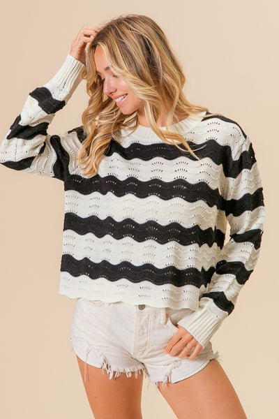 candid approach scalloped hem knit top | black + white