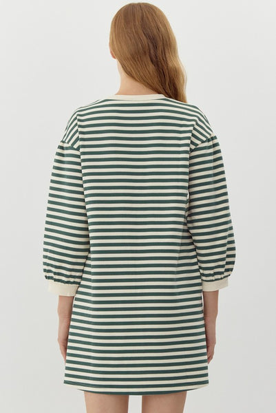 share your story striped bubble sleeve dress | hunter green