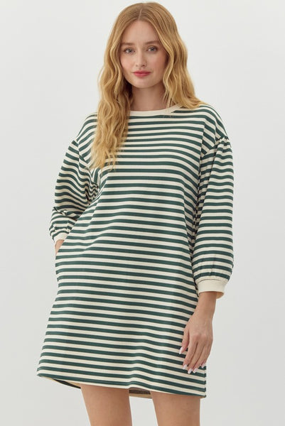 share your story striped bubble sleeve dress | hunter green