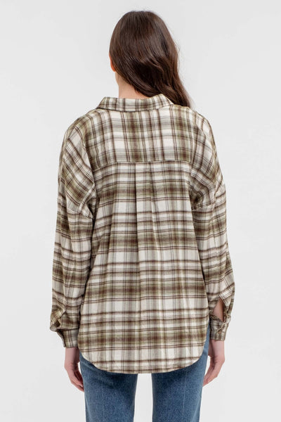 fashionable for fall plaid button up top | olive