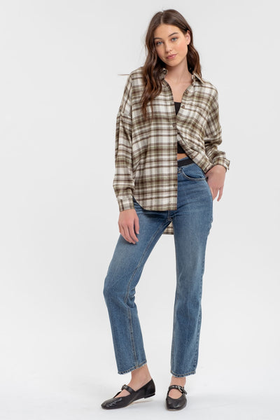 fashionable for fall plaid button up top | olive