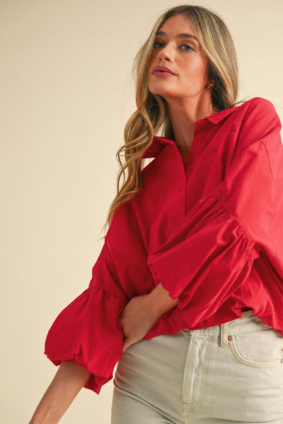 the good stuff button down bubble sleeve top | berry red