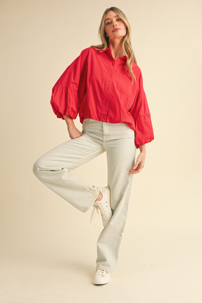 the good stuff button down bubble sleeve top | berry red