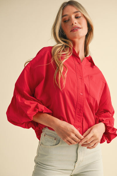 the good stuff button down bubble sleeve top | berry red