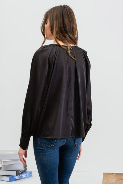 upscale style satin bishop sleeve top | black