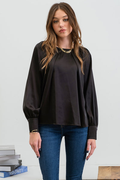 upscale style satin bishop sleeve top | black