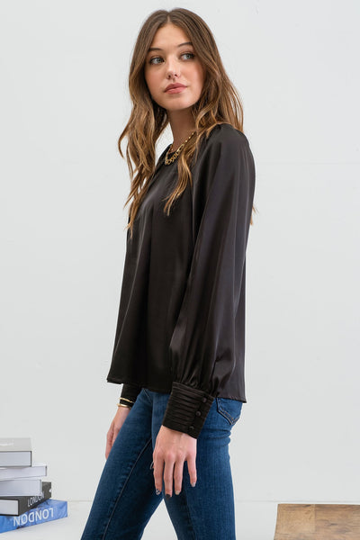 upscale style satin bishop sleeve top | black
