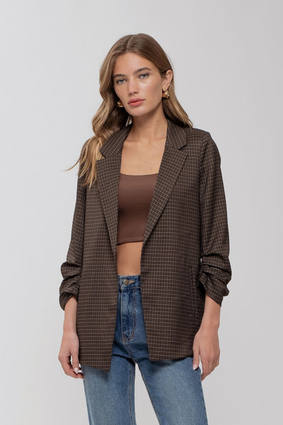 unstoppable force plaid ruched sleeve blazer | dark mocha