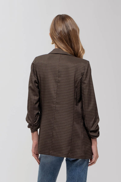 unstoppable force plaid ruched sleeve blazer | dark mocha