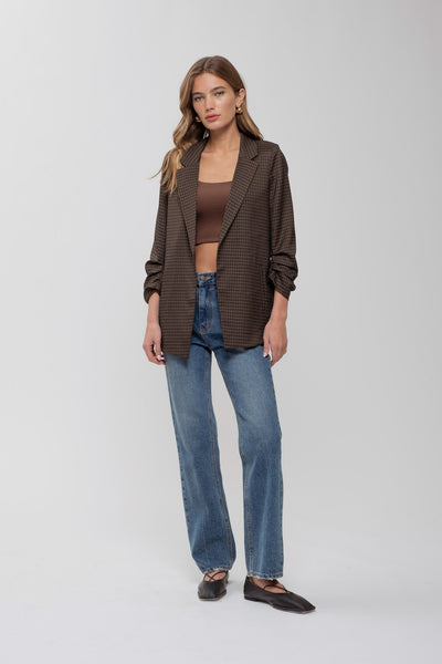 unstoppable force plaid ruched sleeve blazer | dark mocha