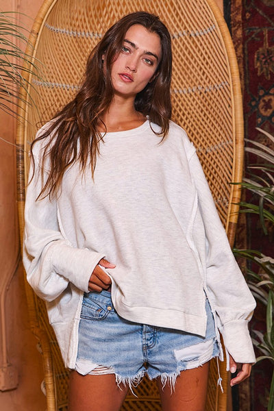 simple as that raw edge hi low terry knit top | ash grey