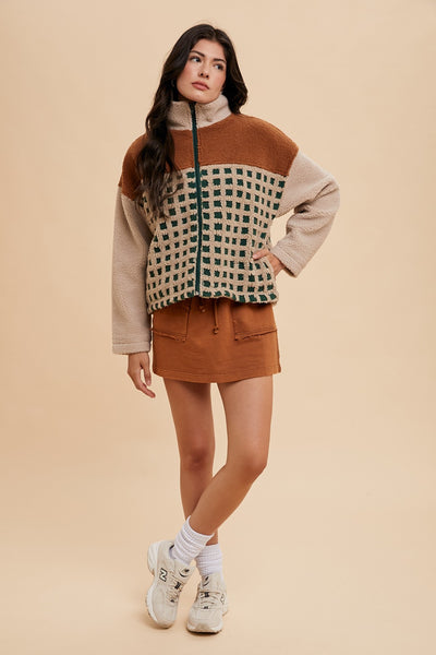 make it work check color block sherpa jacket | oatmeal + camel