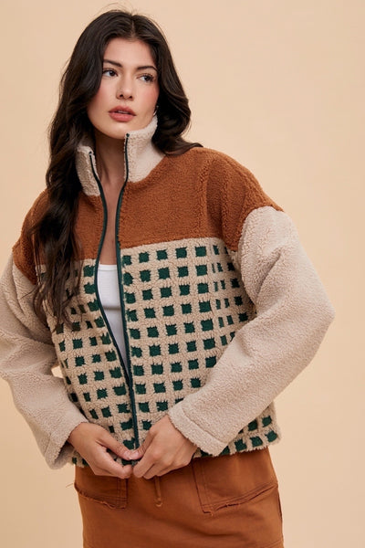 make it work check color block sherpa jacket | oatmeal + camel