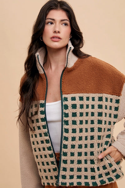 make it work check color block sherpa jacket | oatmeal + camel