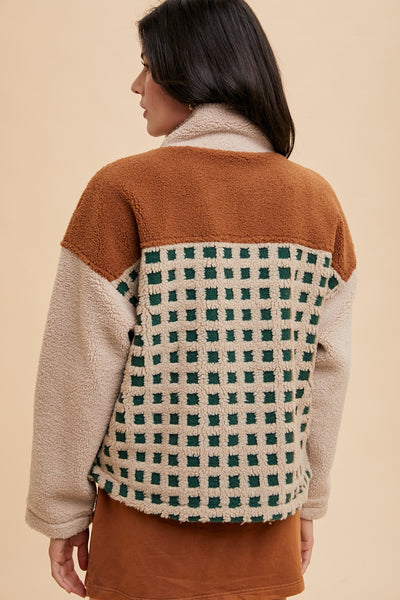 make it work check color block sherpa jacket | oatmeal + camel