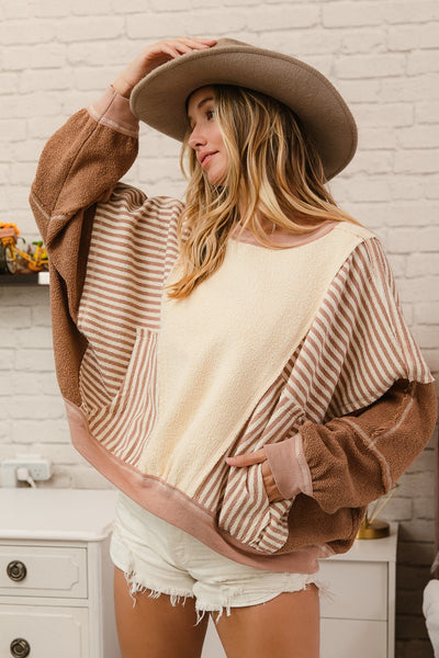 call my bluff terry color block pullover | oatmeal + mocha