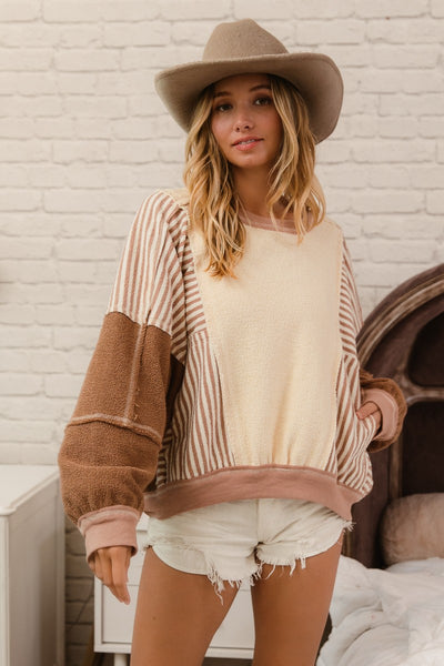 call my bluff terry color block pullover | oatmeal + mocha