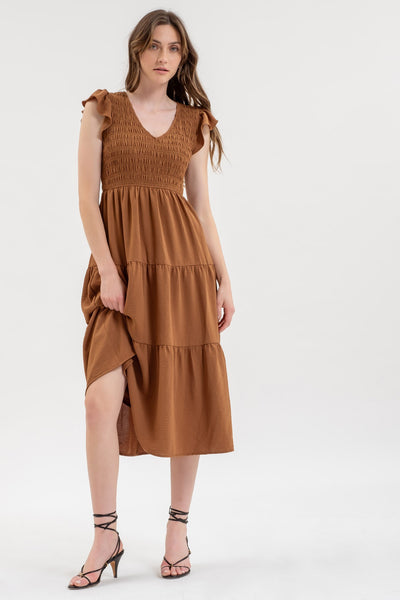 new day flutter sleeve midi dress | brown