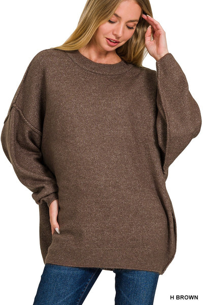 cozy classic oversized melange sweater | heather brown