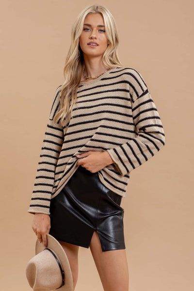 just wondering striped knit sweater | taupe