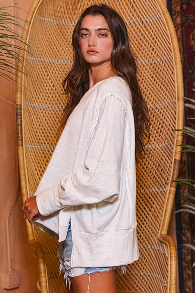 simple as that raw edge hi low terry knit top | ash grey