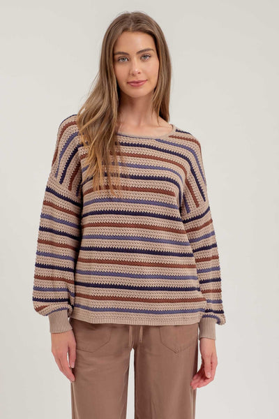 playful charisma stripe crochet sweater | taupe