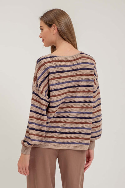 playful charisma stripe crochet sweater | taupe