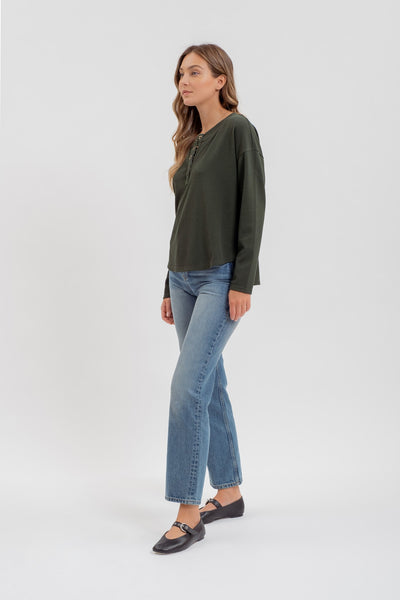 can't be played half button henley top | hunter green