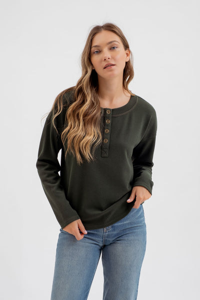 can't be played half button henley top | hunter green