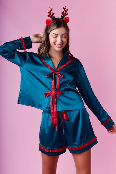satin ruffle bow tie pajama set | dark teal + red