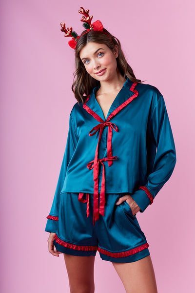 satin ruffle bow tie pajama set | dark teal + red