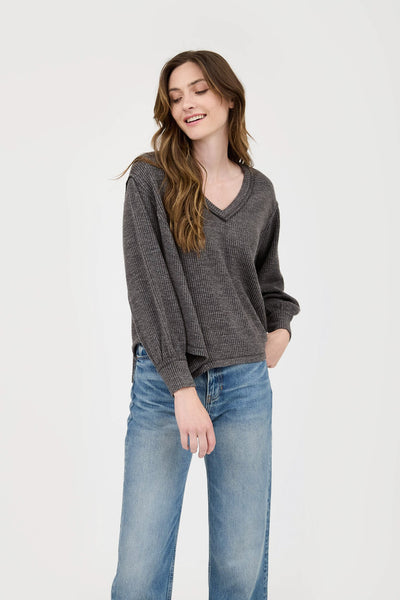easily loved asymmetrical hem knit top | charcoal