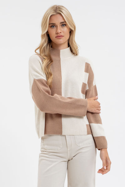 stay the same color block mock neck sweater | khaki