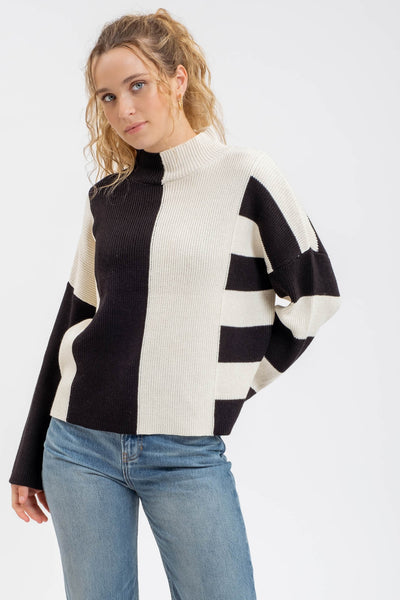 stay the same color block mock neck sweater | black