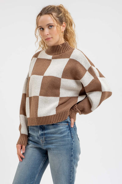 right on trend checkered sweater | mocha + white