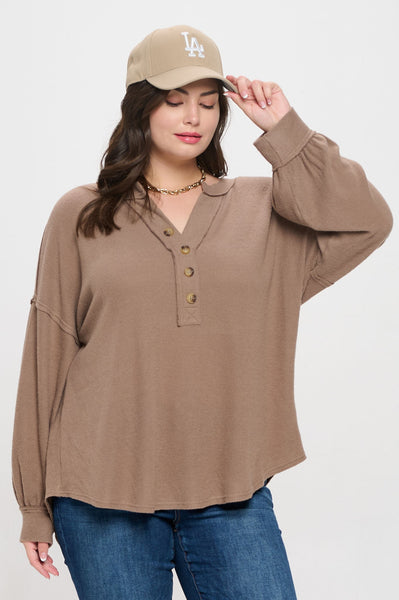 problem free half button henley, plus size | taupe