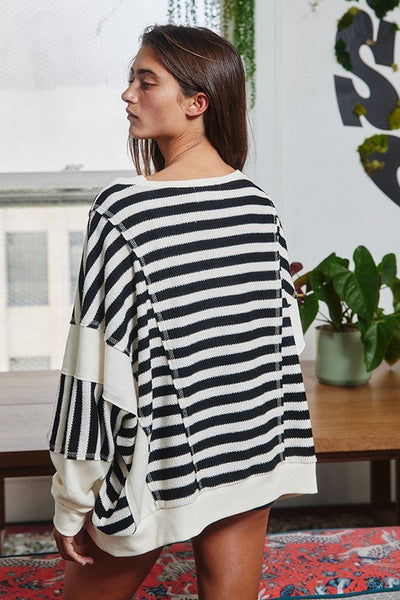free to be striped oversized pullover | black + cream