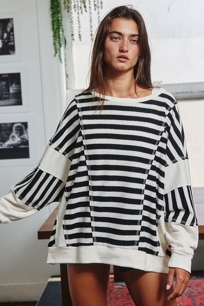 free to be striped oversized pullover | black + cream