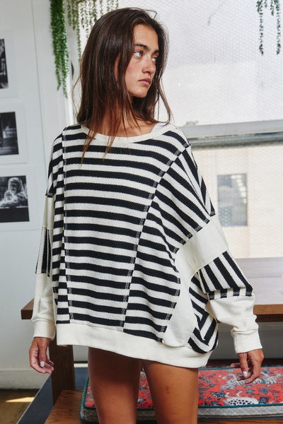 free to be striped oversized pullover | black + cream